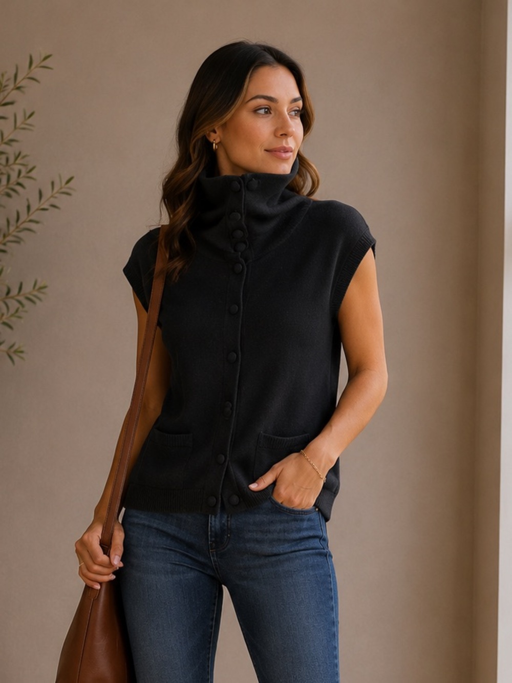 Theory Merino Wool short sleeve knit vest black sweater cowl / turtleneck sz M
